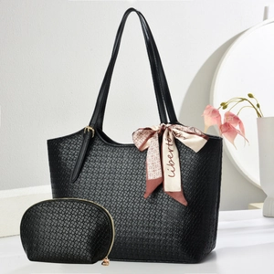 Large Capacity Woven Tote Bag And Pouch With Scarf Decor PU Leather Shoulder Handbag For Commuting Office Women Bag