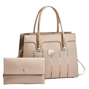Sac à main beige avec broderie verticale colorée et grand portefeuille assorti