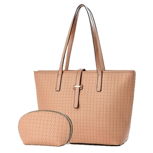 Minimalist woven tote bag and matching pouch set with golden metallic details