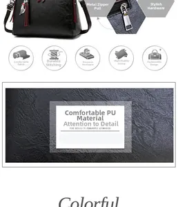 Detail view of black embossed PU leather handbag featuring tassel charm and metal hardware