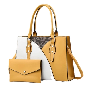 Two-piece set with yellow and white patchwork tote bag and clutch for women