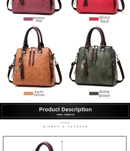 Detail view of retro PU leather handbags in four colors with cat pendant and tassels