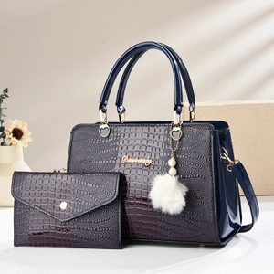 Deep purple faux crocodile leather handbag set with two pieces and luxury metal logo