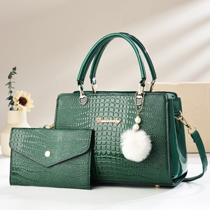 Emerald green crocodile pattern handbag set with crossbody strap and pearl charm