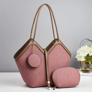 Ensemble de 3 sacs cabas rose poudré pour femme avec cuir plissé et garnitures dorées