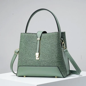 Women's Elegant Lace Handbag Fashion PU Leather Bucket Bag Tote Shoulder Crossbody Bag Gold Hardware Vintage Party Purse