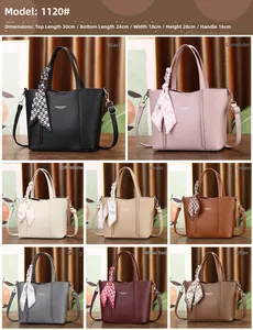 Détail de huit sacs cabas en cuir multicolores avec foulards et dimensions précises