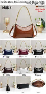 Vues détaillées du sac à bandoulière effet crocodile avec dimensions et six couleurs