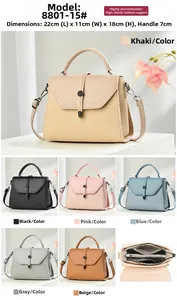Detail view of stylish panelled crossbody bag with dimensions and interior zipper pocket