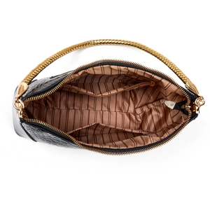 Vue du dessus de l'intérieur du sac avec doublure rayée et poignée tressée dorée