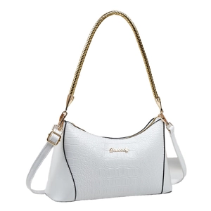White snakeskin embossed hobo bag with gold ring handle and metal logo detail