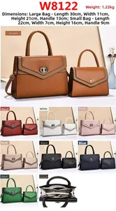 Detailed size and color chart for stylish PU leather handbag set showing 8 color options