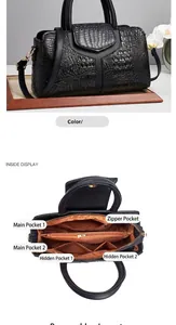 Internal structure of black crocodile pattern bag with dual compartments and zipper pocket
