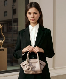 Detail view of taupe dumpling handbag with lychee grain leather and cute puppy charm