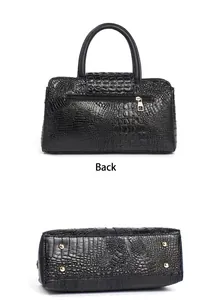 Detail view of the crocodile pattern handbag showing the back pocket and protective base studs