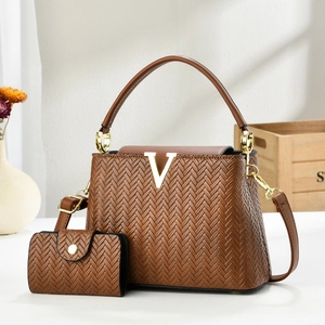Brown woven texture tote bag set with golden V buckle and matching small coin purse
