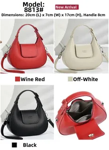Detail view of lychee leather crescent bag showing dimensions and multi-color options