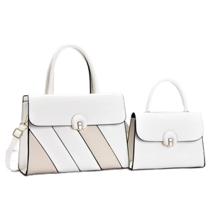 Two-piece color-block handbag set with white beige patchwork and gold crescent lock