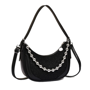 Fashionable black hobo moon bag with glitter fabric panels and silver bead chain strap