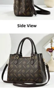 Detail view of printed dark brown tote bag with side perspective and golden hardware