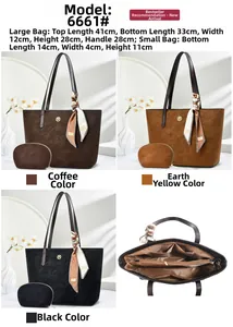 Detail view of large suede tote bags with inner zipper pouch and dimensions in three colors