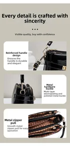 Detail of glossy black handbag showing reinforced handle, gold hardware and double zippers
