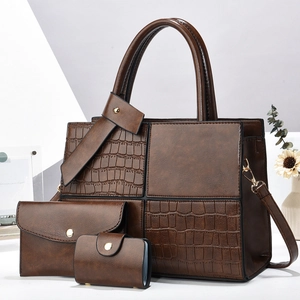 Deep brown 3-piece tote set with crocodile pattern splicing and gold hardware