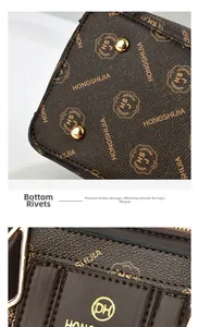 Detail of brown textured leather bag with gold base studs and protective metal rivets