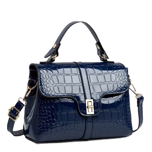 Navy blue crocodile pattern glossy leather handbag with gold metal clasp for women