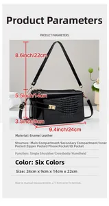Detailed size chart for black crocodile pattern crossbody bag with exact dimensions