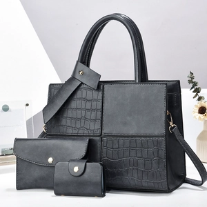 Three-piece black crocodile pattern leather tote bag set with envelope clutch and card holder
