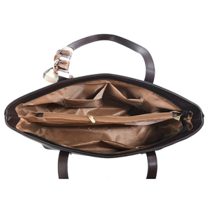 Deep brown large tote bag with silk scarf and organized interior multi-layer compartments