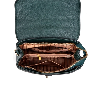 Internal view of green pebble leather handbag with striped lining and multiple compartments