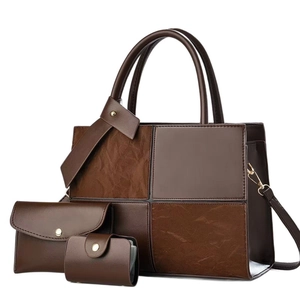 3-piece tote bag set with patchwork design in brown synthetic leather and suede texture