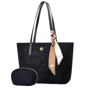 Two-piece black tote bag set with matching pouch and brown patterned silk scarf accessory