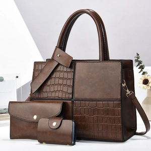 Brown 3-piece bag set with crocodile texture patchwork and gold metal hardware