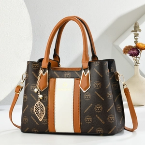 Women Fashion Tote Bag PU Leather Monogram Print Large Capacity Shoulder Crossbody Handbag With Leaf Artificial Pearl Pendant Daily