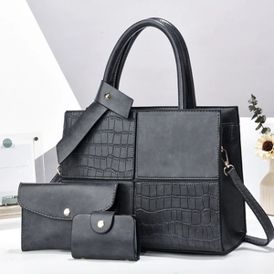 Three-piece black handbag set with crocodile pattern patchwork and large capacity design