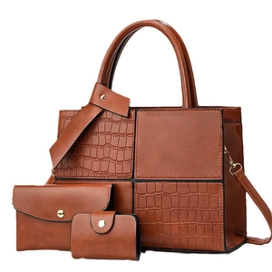 Brown 3-piece bag set with crocodile texture tote, envelope wallet, and mini card holder