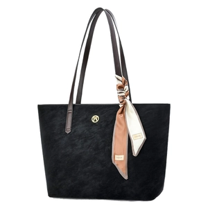 Large black tote bag with brown leather straps and decorative silk scarf detail