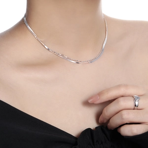 Collier double épaisseur en argent sterling S925 avec chaîne à billes et bague coeur