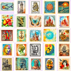 Συλλογή από 25 vintage αυτοκόλλητα γραμματόσημα για scrapbooking και ημερολόγια DIY