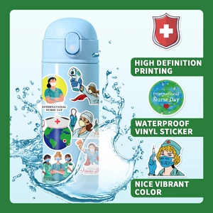 Waterproof nurse day vinyl stickers shown with water splash effect on a blue bottle