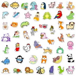 Collection of 50 cute cartoon animal stickers in a flat lay matrix for kid's DIY