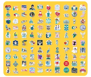 Grid layout of waterproof nurse and doctor stickers on a vibrant yellow background