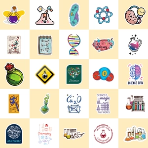 50pcs science lab stickers set featuring colorful chemistry beakers and physics icons