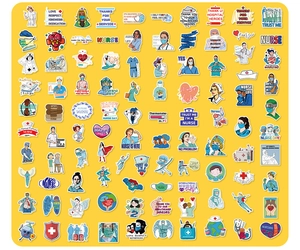 Flat lay of diverse waterproof nurse stickers featuring medical tools and characters