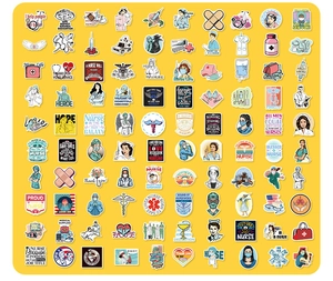 Flat lay of assorted waterproof nurse and doctor vinyl stickers for laptop decoration