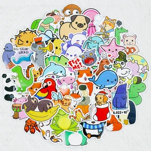 Close-up of waterproof cute cartoon animal stickers featuring dogs, cats and dinosaurs