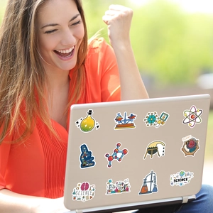 50pcs science lab stickers set featuring colorful beakers and microscopes for laptops